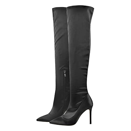 Only maker Damen Overknees Stretch Stiefel Stiletto Absatz Lack Optik Satin Material Schwarz 43 EU von Only maker