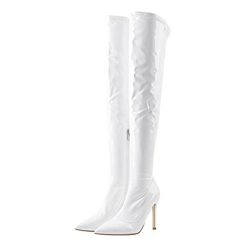 Only maker Damen Overknees Stretch Stiefel Stiletto Absatz Lack Optik Weiß 44 EU von Only maker