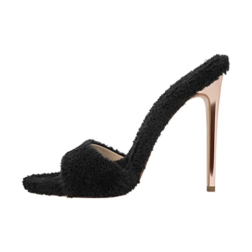 Only maker Damen Pantolette High Heels Stiletto Spitze Pumps Flauschige Damenschuhe Schwarz 41 EU von Only maker