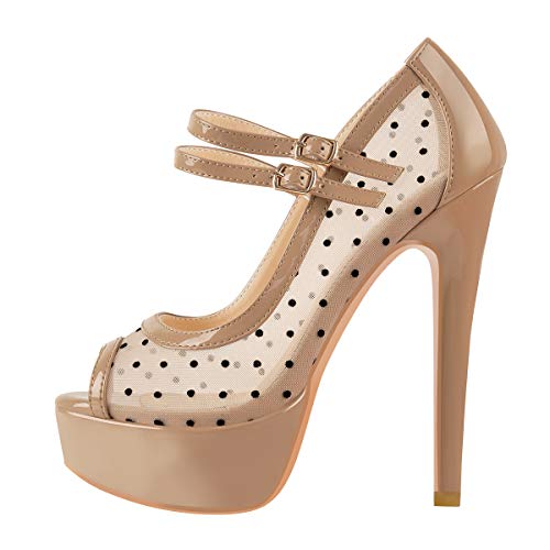 Only maker Damen Pee Toe Plateau Riemchenpumps mit Pfennigabsatz Polka Dot Stiletto Pumps Beige EU 42 von Only maker