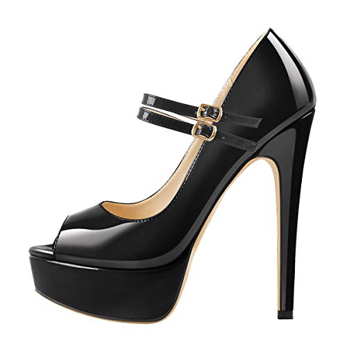 Only maker Damen Peeptoe High Heels Absatz Mary Jane Plateau Schuhe Lack Schwarz 37 EU von Only maker