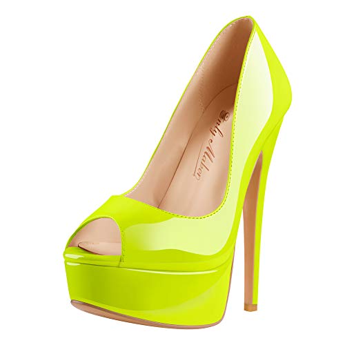 Only maker Damen Peeptoes Plateau Pumps Elegante Stiletto High Heels Lack Optik Neongelb 41 EU von Only maker