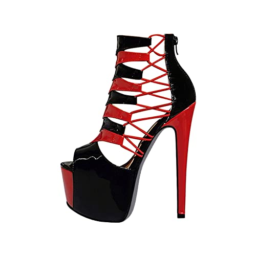 Only maker Damen Plateau Sandaletten High Heels Schaftsandalen Peeptoe Sandalen Schwarz Rot 36 EU von Only maker