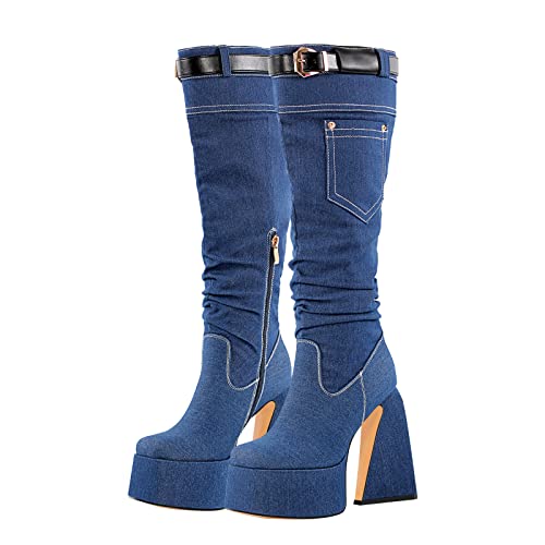 Only maker Damen Plateau Stiefel Kniehohe Schlupfstiefel Blockabsatz Knee High Boots Jeansblau Dunkel 44 EU von Only maker