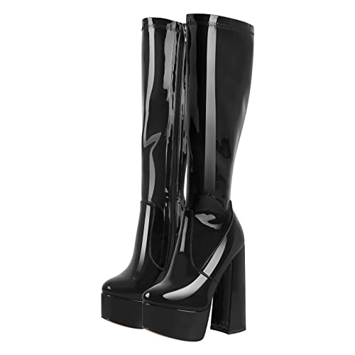 Only maker Damen Plateau Stiefel Langschaft Stretch Stiefel mit Blockabsatz Reißverschluss Knee High Boots Lack Schwarz 36 EU von Only maker
