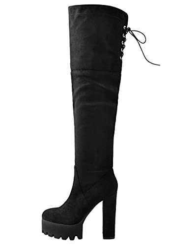 Only maker Damen Plateau Stiefel Overknee Blockabsatz High Heels mit Verstellbaren Schnüren Schwarz 41 EU von Only maker