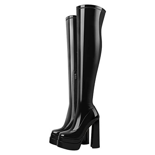 Only maker Damen Plateau Stiefel Overknee Stretch Boots mit Blockabsatz Seitlicher Reißverschluss Lack Schwarz 37 EU von Only maker