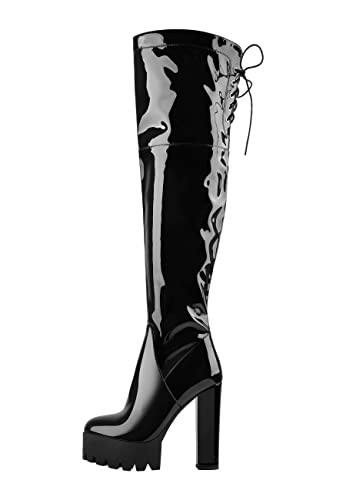 Only maker Damen Plateau Stiefel Overknee mit Blockabsatz Verstellbaren Schnüren Lack Schwarz 39 EU von Only maker