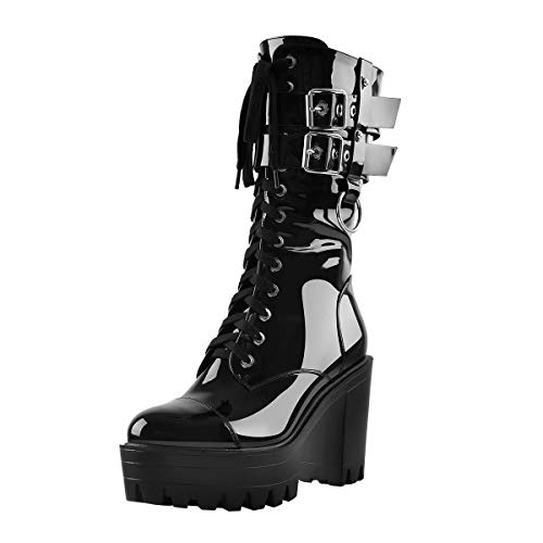 Only maker Damen Plateau Stiefeletten Schnürboots Hablstiefel mit Reßverschluss Lack Schwarz 44 EU von Only maker