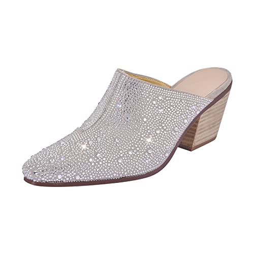 Only maker Damen Pumps Mules Glitzer High Heels Pantolette Blockabsatz Clogs Metallic Strass Silber 43 EU von Only maker