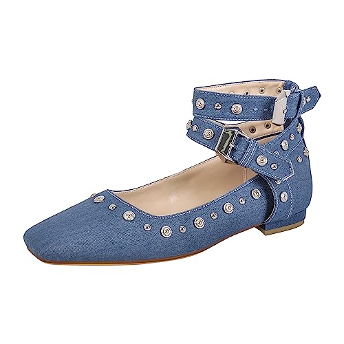 Only maker Damen Riemchenpumps Riemchen Ballerinas Flache Schuhe mit Schnalle Nieten Eckige Denim Schuhe Jeansblau 40 EU von Only maker