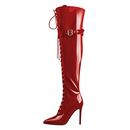 Only maker Damen Rote Boots High Heels Stiefel mit Verzierten Riemchen Reißverschluss Lack Optik Über das Knie Schnürstiefel Lackleder Rot 46 EU von Only maker