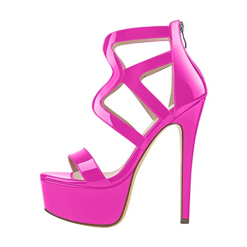 Only maker Damen Sandaletten Plateau High Heels Riemchen Sommerschuhe Metallic Lack Viva Magenta 38 EU von Only maker