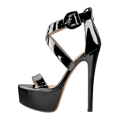 Only maker Damen Sandaletten Plateausandalen Riemchen Schnalle in Metallic Optik Schwarz 39 EU von Only maker