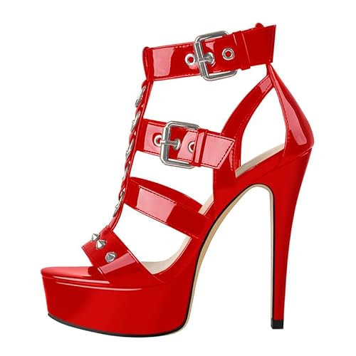 Only maker Damen Schaftsandalen Plateau Sandaletten T-Spange High Heels mit Nieten Lackoptik Stiletto Absatz Sandalen Rot 38 EU von Only maker