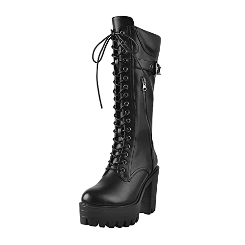 Only maker Damen Schnürsenkel Stiefel Reißverschluss Profilsohle Plateau Stiefel Blockabsatz Schwarz Lederopotik 39 EU von Only maker