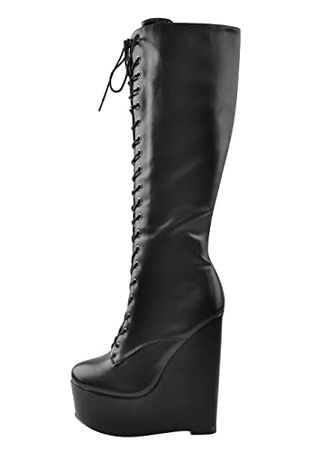 Only maker Damen Schnürstiefel Plateau Keilstiefel mit Reißverschluss Langschaft Schwarz Long Boots Lederoptik 41 EU von Only maker