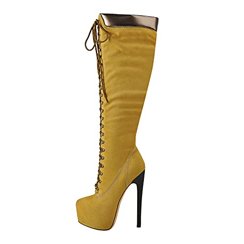 Only maker Damen Schnürstiefel Stiletto High Heels Kniehohe Stiefel Elegant Wildleder Gelb 44 EU von Only maker