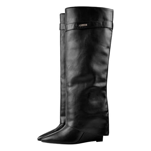 Only maker Damen Spitze Stiefel Langschaftstiefel mit Keilabsatz Wedges Boots Schlupfstiefel mit Kniehohem Schaft Lederoptik Schwarz 36 EU von Only maker