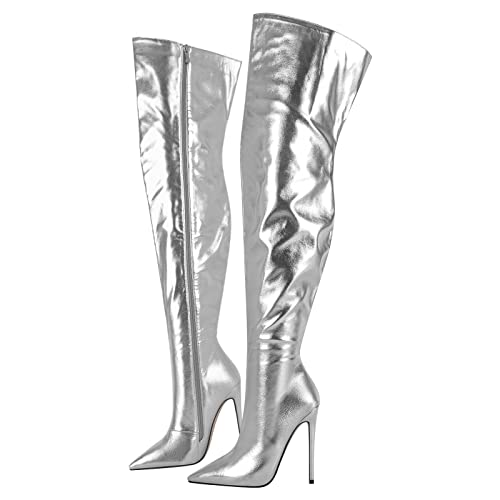 Only maker Damen Stiefel Overknee Stretch Boots Reißverschluss Spitze Stiletto Damenstiefel Elastisch Silber 38 EU von Only maker