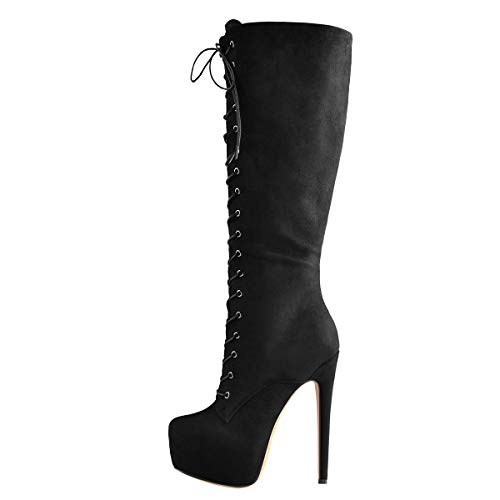 Only maker Damen Stiefel Plateau Hohe Schnürstiefel mit Stiletto Absatz Kniehohe Flanell Schwarz 38 EU von Only maker