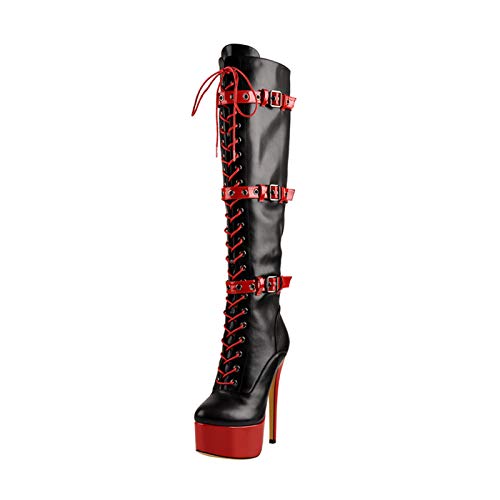 Only maker Damen Stiefel Plateau Hohe Schnürstiefel mit Stiletto Absatz Kniehohe Zweifarbig 38 EU von Only maker