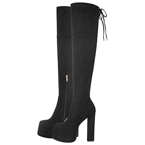 Only maker Damen Stiefel Plateau Overknee Boots mit Schnürung Reißverschluss Blockabsatz Warm Gefüttert Faux Suede Schwarz 41 EU von Only maker