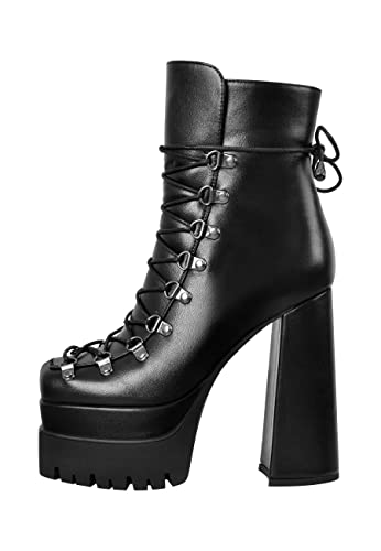 Only maker Damen Stiefel Plateau Stiefeletten Profilsohle Schnürstiefeletten Knöchelstiefel Combat Boots Lederoptik Schwarz 39 EU von Only maker