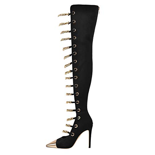 Only maker Damen Stiefel Spitz Overknee Stiletto Absatz Damenschuhe mit Metallketten Zweifarbig Flanell Schwarz 35 EU von Only maker