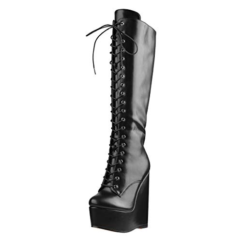 Only maker Damen Stiefel mit Absatz Gefüttert Keilabsatz Kniehoch Schuhe Winter mit Reißverschluss Lederoptik Schwarz 38 EU von Only maker