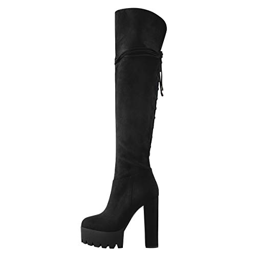 Only maker Damen Stiefel über das Knie Schnürstiefel Profilsohle Plateau Overknee Boots mit Blockabsatz Veloursleder Schwarz 46 EU von Only maker