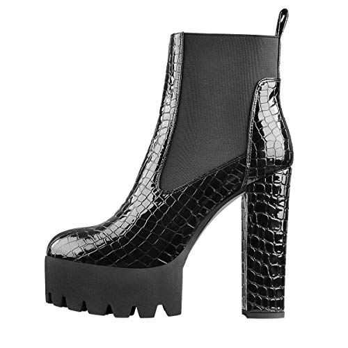 Only maker Damen Stiefeletten Blockabsatz Plateaustiefel Bequeme Elastische Knöchelstiefel Runde Zehen Kurzer Stiefel Reptil Optik 43 EU von Only maker