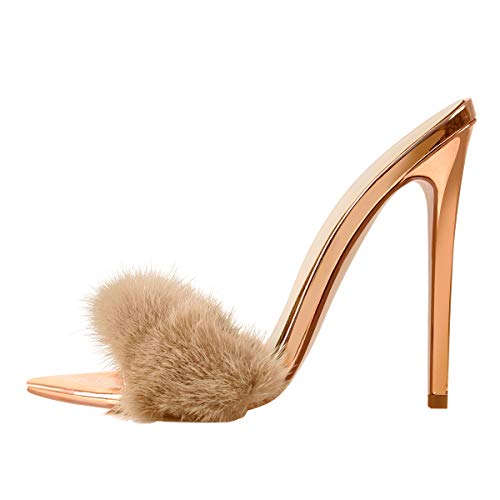 Only maker Damen Stiletto Pantoletten Plüsch Sandaletten Stiletto Sommerschuhe Rosegold 39 EU von Only maker