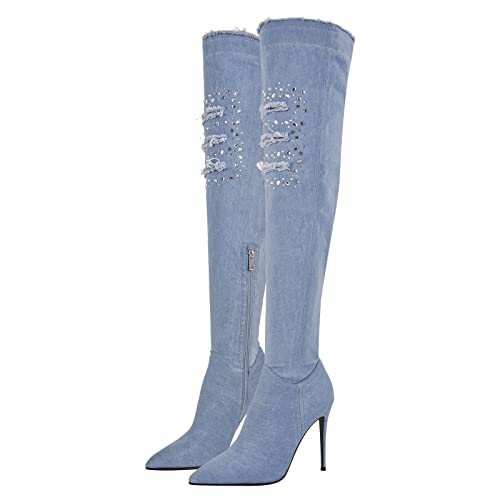 Only maker Damen Stretch Stiefel Spitze Stiletto Overknees aus Denim High Heels Damenstiefel Jeansblau 41 EU von Only maker