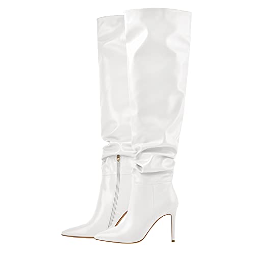 Only maker Damen Weitschaft Stiefel mit Absatz Overknees Faltenwurf Reißverschluss Schlupfstiefel Beqeume Modische Stiefel Weiß Creme EU 38 von Only maker