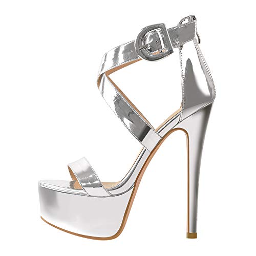 Only maker Frauen Sandaletten Open Toe Plateau Lack Riemchensandalen Schnalle Stiletto Sommer High Heels Metallic Perlmutt 44 EU von Only maker