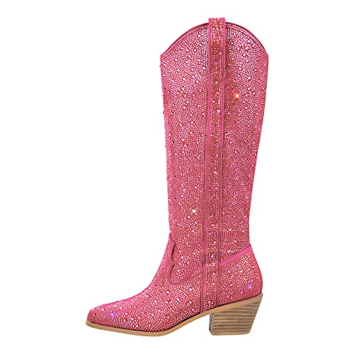 Only maker Glänzende Cowboy Boots Westernstiefel Kniehohe Stiefel Schlupfstiefel mit Trichtabsatz Weitschaft Sexy Langschaftstiefel Pink Rosa, 40 EU von Only maker