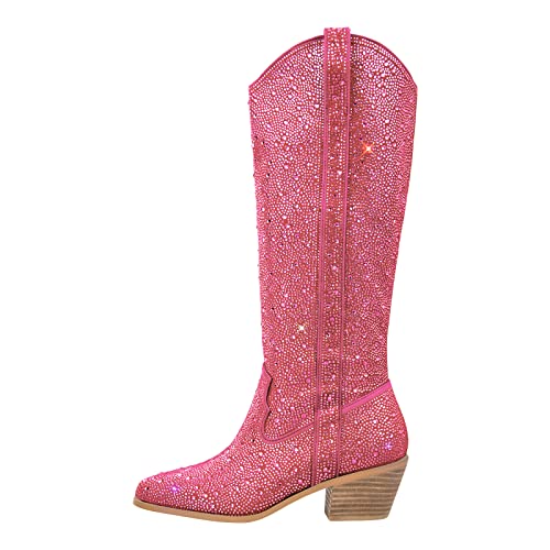 Only maker Glänzende Cowboy Boots Westernstiefel Kniehohe Stiefel Schlupfstiefel mit Trichtabsatz Weitschaft Sexy Langschaftstiefel Pink Rosa, 41 EU von Only maker