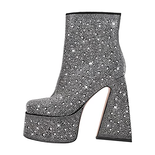 Only maker Glänzende Knöchelstiefel mit Blockabsatz Plateau Stiefeletten Ankle Boots Chunky Heels Strass Grau EU 38 von Only maker