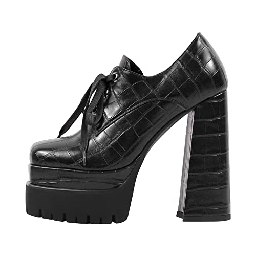 Only maker Hochfrontpumps für Damen Plateau High Heels Schnürpumps mit Blockabsatz Reptiloptik Schwarz 40 EU von Only maker
