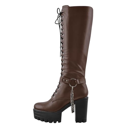 Only maker Knee High Boots with Block Heel Metal Chains Lace-Up Boots Braun EU40 Only maker Knee High Boots with Block Heel Metal Chains Lace-Up Boots Braun EU40 von Only maker