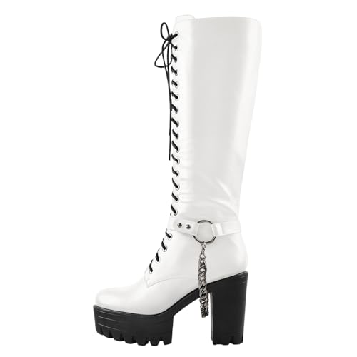 Only maker Knee High Boots with Block Heel Metal Chains Lace-Up Boots Weiß EU38 Only maker Knee High Boots with Block Heel Metal Chains Lace-Up Boots Weiß EU38 von Only maker