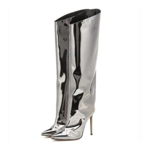 Only maker Kniehohe Stiefel High Heels Boots Funkelnden Glitter Damenstiefel Mirror-Optik perlmutt Silber EU 36 von Only maker