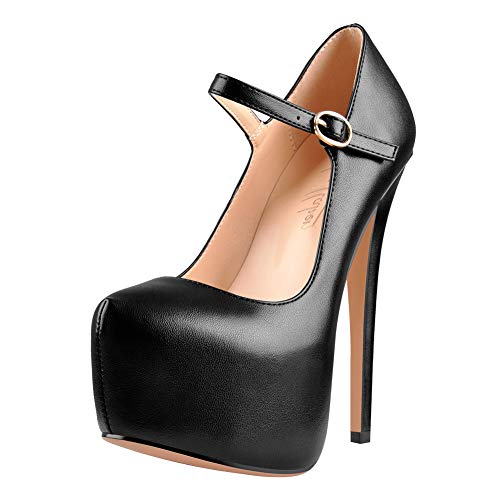 Only maker Mary Jane Pumps Damen Riemchen Plateau Stiletto High Heels mit Knöchelriemchen Lederimitat Schwarz 41 EU von Only maker