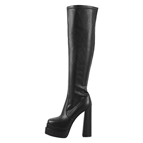 Only maker Overknee Stiefel Stretch Boots für Damen mit Plateau Blockabsatz Lederoptik Schwarz 38 EU von Only maker