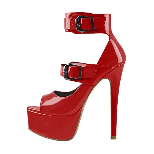 Only maker Peep Toe Mary Jane with Ankle Buckles Elegant Sexy Pole Dance High Heel Shoes Sky High Party Stiletto Sexy Red EU 39 von Only maker