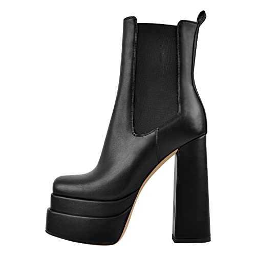 Only maker Plateau Chelsea Boots Damen Stiefeletten Blockabsatz Elegante Ankle Booties Lederoptik Schwarz 45 EU von Only maker