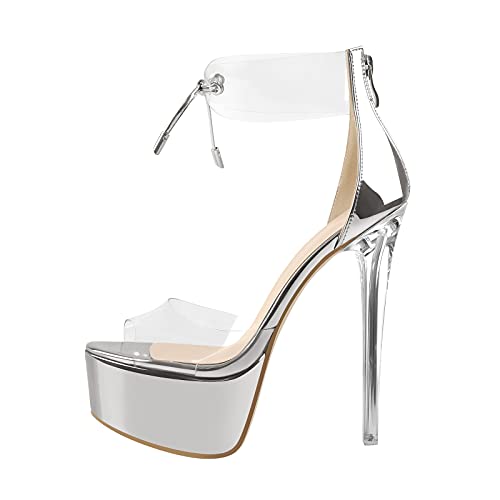 Only maker Plateau Riemensandalen mit Transparent Absatz Damensandalen Transparente Sandalen Stöckelschuhe Silber EU 44 von Only maker