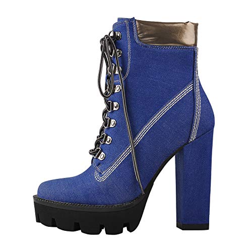 Only maker Plateau-Stiefeletten Damen Ankle Boots mit Profilsohle Blockabsatz Stiefeletten Blau 45 EU von Only maker