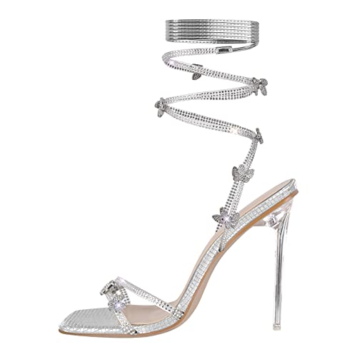 Only maker Riemchensandalen mit Pfennigabsatz Glänzende Römersandalen mit verstellbare Knöchelriemchen High Heels Stilettos Silber EU 41 von Only maker